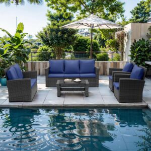 Wisteria Lane 4 Piece Outdoor Patio Furniture Sets, Wicker Conversation Set for Porch Deck